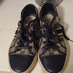 Gucci Navy and Cream Patterned Sneakers